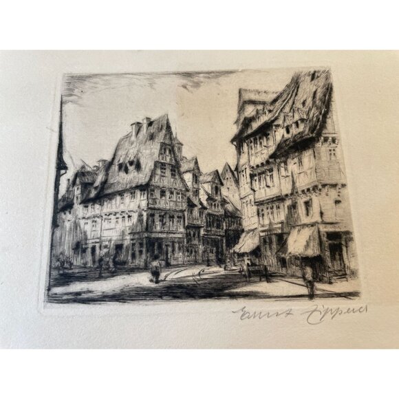 Ernst Zipperer Etching Of European Street Scene On Cream Paper - Picture 13 of 13